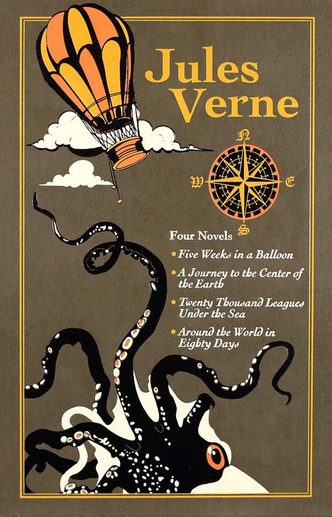 Text: Jules Verne, Four Novels. Illustration: Ballon, Kompassrose, Wolken, Tintenfisch in kräftigen Farben.