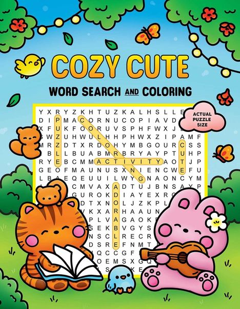 "COZY CUTE", "WORD SEARCH AND COLORING". Ein Suchrätsel umgeben von niedlichen, cartoonartigen Tieren mit Instrumenten.