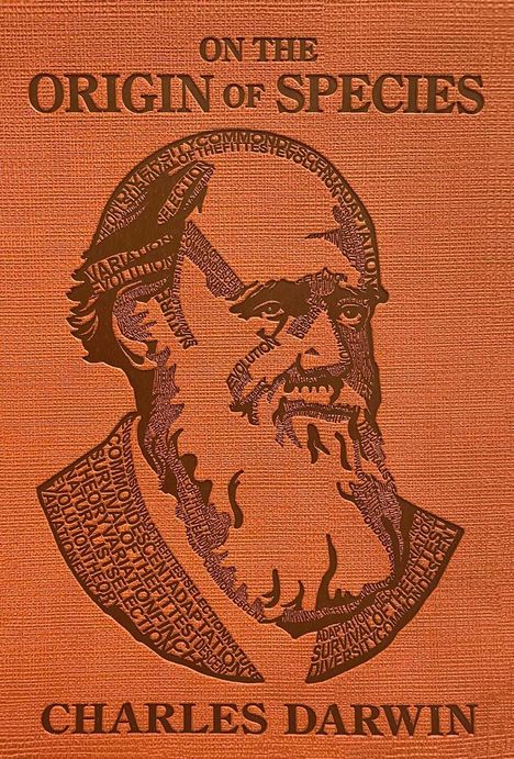 "ON THE ORIGIN OF SPECIES" und "CHARLES DARWIN". Illustration von Darwins Gesicht, geformt aus Wörtern. Hintergrund: orange.