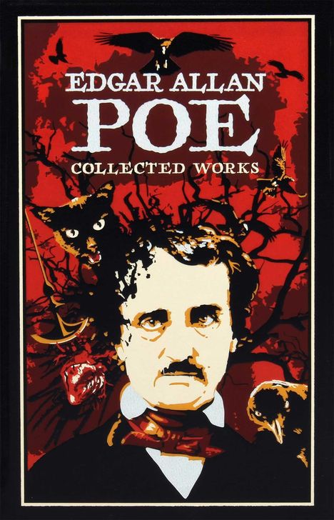 „EDGAR ALLAN POE: COLLECTED WORKS“ steht über einer Illustration mit Poe, einem Raben, einer schwarzen Katze und einem Herz.
