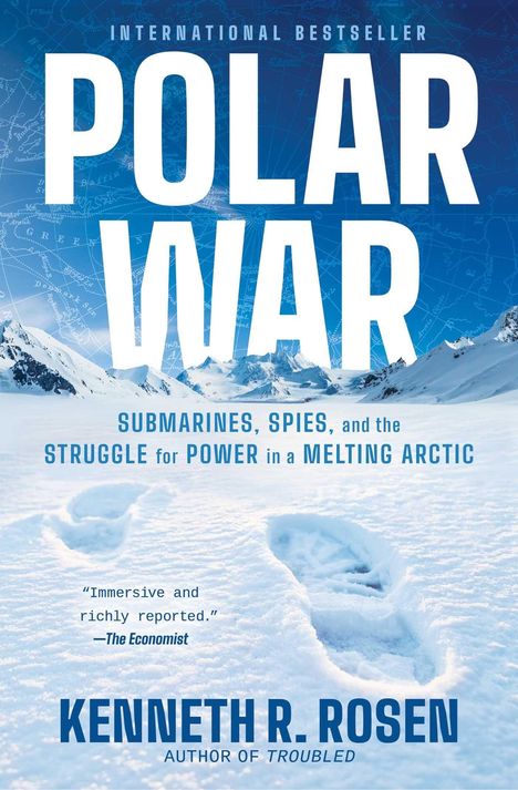 "POLAR WAR", darüber "INTERNATIONAL BESTSELLER", unten Name des Autors. Eislandschaft mit Fußabdrücken und Bergen.