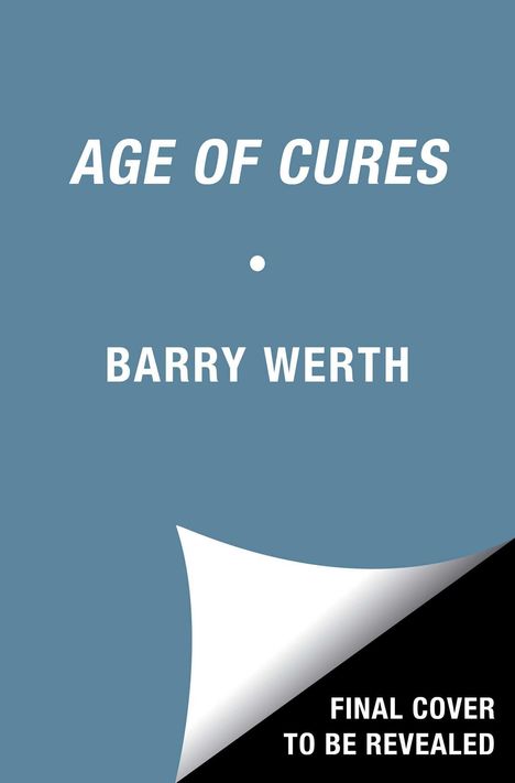 "THE AGE OF CURES" in großen roten Buchstaben auf gelbem Hintergrund. Eine historische Illustration eines Labors.