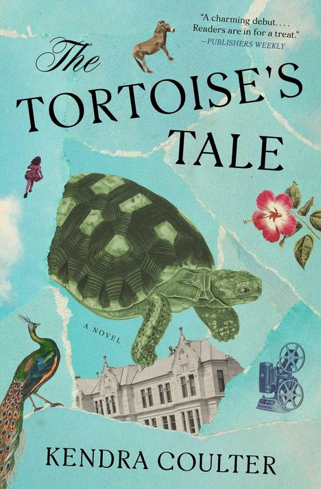 "The Tortoise's Tale" von Kendra Coulter. Illustration: Schildkröte, Pfau, Gebäude, Filmprojektor, Mädchen, Esel, Blume.