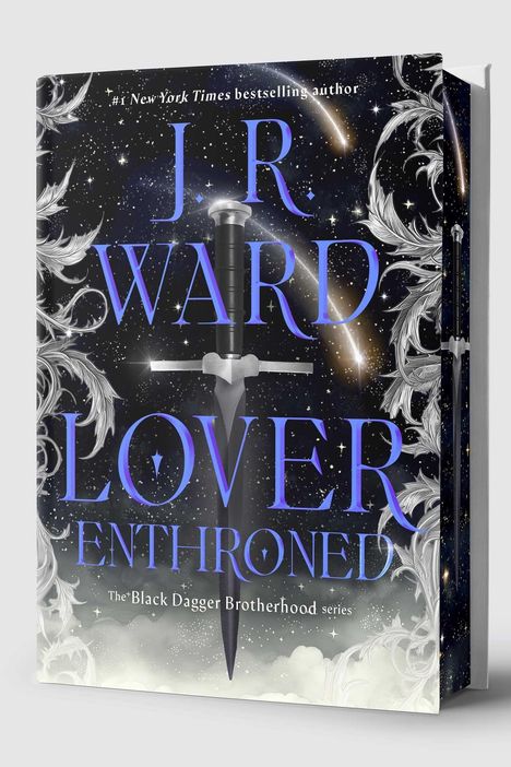 Text: "J.R. Ward. Lover Enthroned. The Black Dagger Brotherhood series." 
Motiv: Dolch vor Sternenhimmel und verzierten Ranken.