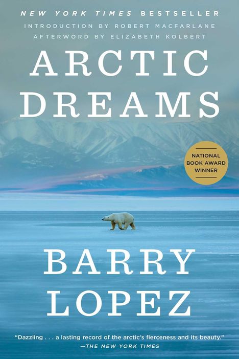 „Arctic Dreams“ von Barry Lopez mit National Book Award. Ein Eisbär wandert durch eine gefrorene, arktische Landschaft.