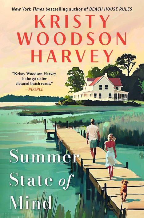 „Summer State of Mind“ von Kristy Woodson Harvey. Steg führt zu einem Haus, Paar und Hund gehen darauf.