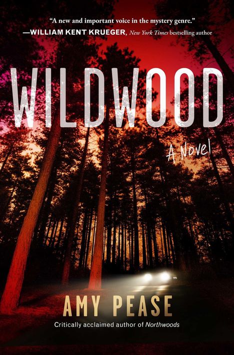 "WILDWOOD, A Novel, Amy Pease." Im Wald beleuchtet ein Auto die Szene bei Sonnenuntergang in Orange und Rot.