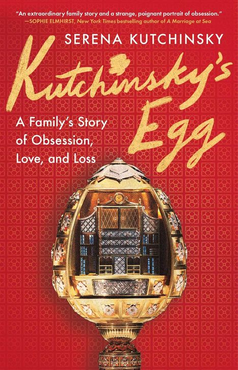 Oben: "An extraordinary family story...obsession." Unten: Ein verziertes Ei auf rotem, gemustertem Hintergrund.