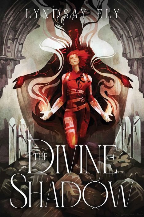 Text: "LYNDSAY ELY" und "THE DIVINE SHADOW". Illustration einer Person mit erhobenen Armen vor einer mystischen Figur.