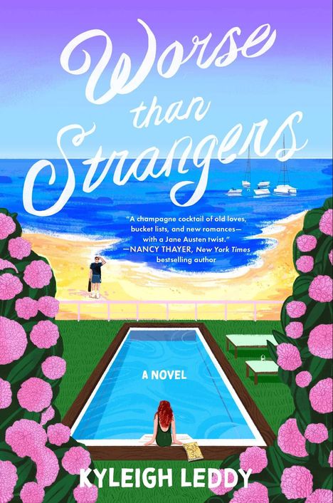 "Worse than Strangers", Illustration: Frau am Pool, Strand mit Booten, rosafarbene Blumen. Autorenname: Kyleigh Leddy.