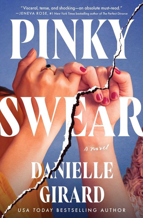 "Pinky Swear" von Danielle Girard. Hände mit rotem Nagellack halten sich an kleinen Fingern vor einem blauen Hintergrund.