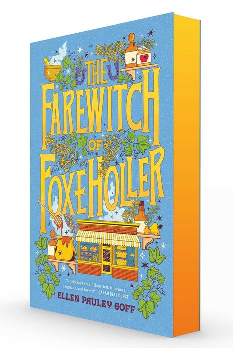 Buchtitel: "The Farewitch of Foxe Holler". Bunte Illustration mit Hexenkessel, Pflanzen und einem kleinen Geschäft.