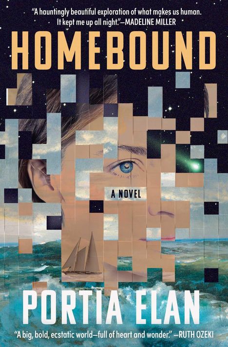 „HOMEBOUND“ oben, „A Novel“ auf Gesicht, „PORTIA ELAN“ unten. Ein Segelboot, Himmel und Meer in Puzzle-Optik.
