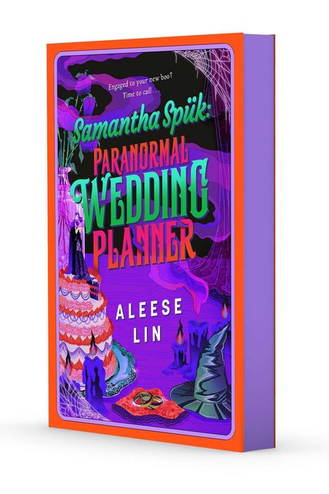 Text: "Samantha Spük: Paranormal Wedding Planner, ALEESE LIN". Gruselige Symbole wie Spinnweben, Kerzen und ein Hexenhut.
