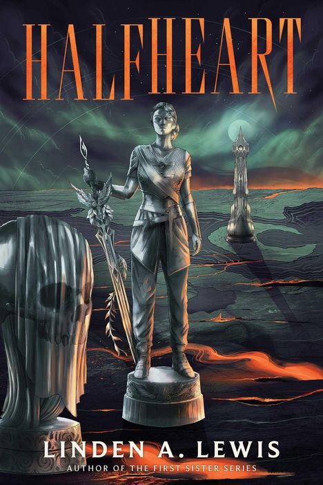 „HALFHEART“ steht oben. Eine Statue hält ein verziertes Schwert, mit fließender Lava im Hintergrund.