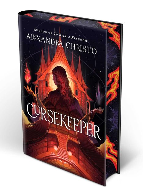 Titel: CURSEKEEPER; Autorin: ALEXANDRA CHRISTO; Illustration: geheimnisvolle Figur vor einem brennend-roten Gebäude.