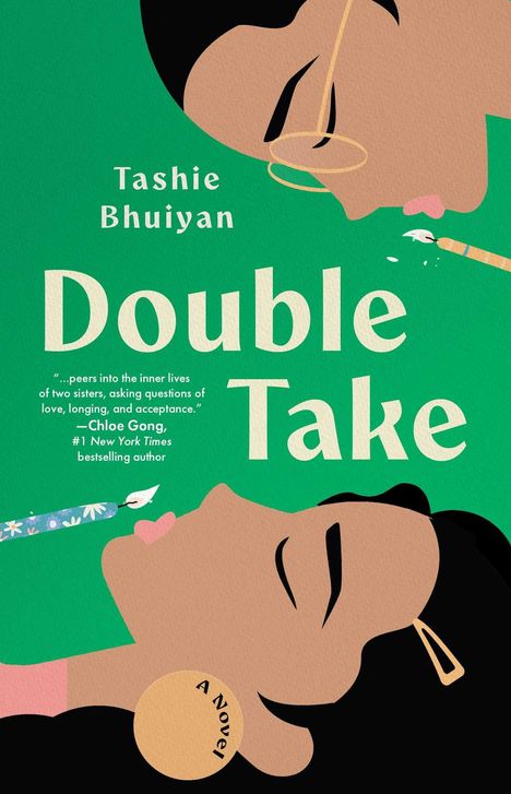 „Double Take“ von Tashie Bhuiyan. Illustration: Zwei Gesichter, ein Stift, grüner Hintergrund.
