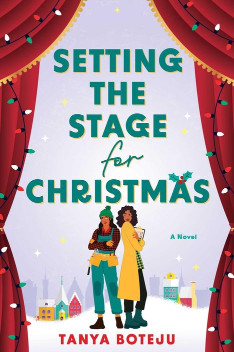 "SETTING THE STAGE for CHRISTMAS" und "TANYA BOTEJU". Zwei Personen stehen vor einem festlichen Vorhang.