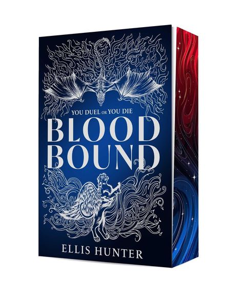 „You Duel or You Die. Blood Bound. Ellis Hunter.“ Blauer Hintergrund, kunstvolle weiße Drachenzeichnung.
