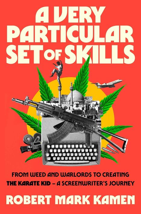 Titel: A VERY PARTICULAR SET OF SKILLS. Unten: Robert Mark Kamen. Collage aus Schreibmaschine, Waffe, und Karatefigur.