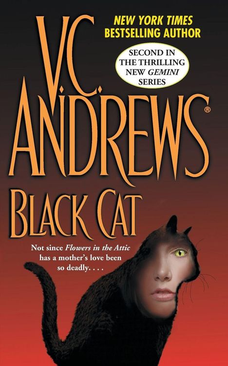 „VC Andrews: Black Cat“; gelbe, rote Schrift, vier Sätze. Schwarze Katze mit Gesicht im Fell; dramatische Atmosphäre.