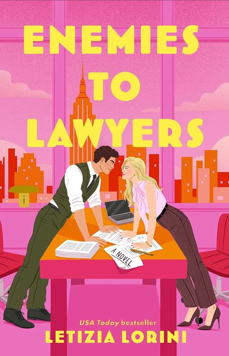 "ENEMIES TO LAWYERS" und "LETIZIA LORINI" in großer Schrift. Ein Mann und eine Frau lehnen sich über einen Tisch.