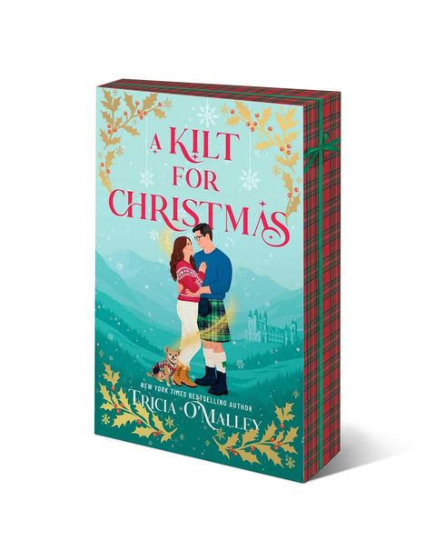 Text: "A Kilt for Christmas" von Tricia O'Malley. Illustration: Paar in Winterkleidung mit einem Hund vor einer winterlichen Landschaft.