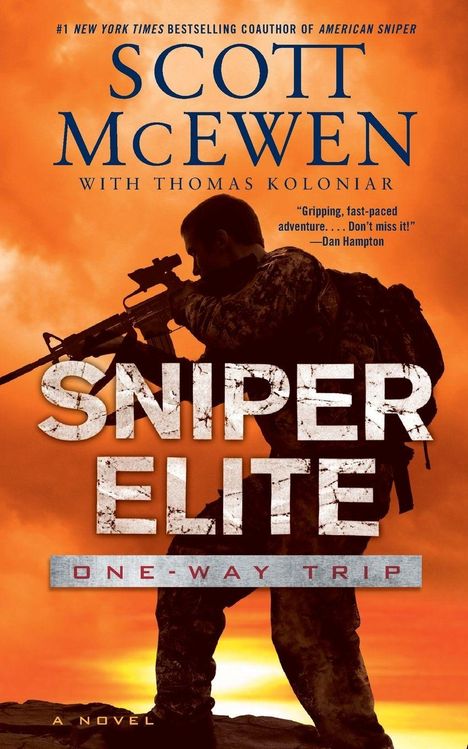 „Sniper Elite: One-Way Trip“ von Scott McEwen. Silhouette eines Soldaten mit Gewehr vor orangefarbenem Himmel.
