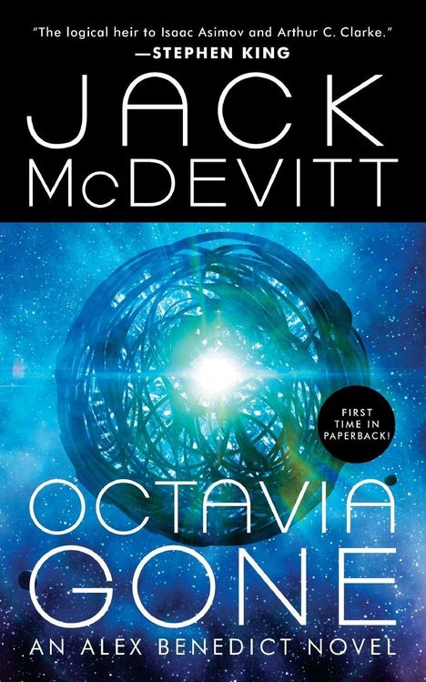 Text: "The logical heir to Isaac Asimov and Arthur C. Clarke." - Stephen King. Jack McDevitt, Octavia Gone, An Alex Benedict Novel. Hintergrund: Leuchtendes, kugelförmiges Muster im Weltraum.