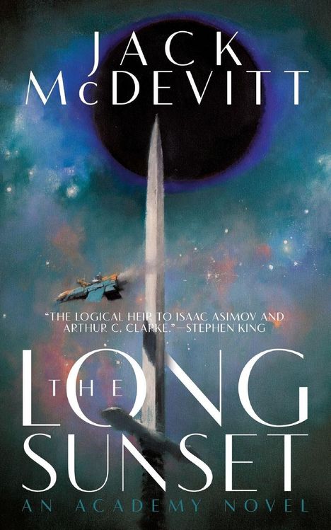 „Jack McDevitt“, Zitat von Stephen King über Asimov und Clarke. Illustration: Raumschiff vor schwarzer Sonne.
