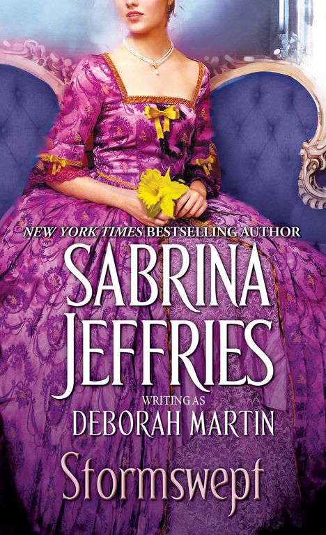 "New York Times Bestselling Author Sabrina Jeffries writing as Deborah Martin: Stormswept." Eine Frau in einem lila Kleid sitzt.