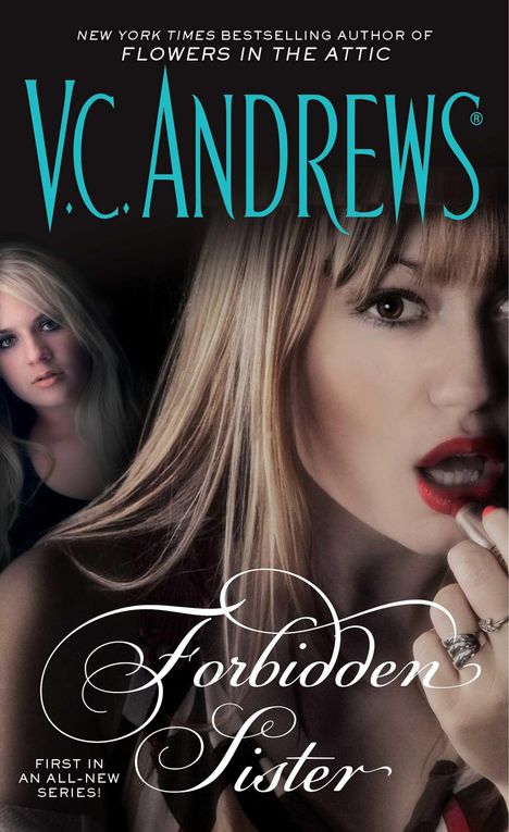 „Forbidden Sister“ von V.C. Andrews. Zwei blonde Frauen, eine trägt roten Lippenstift.