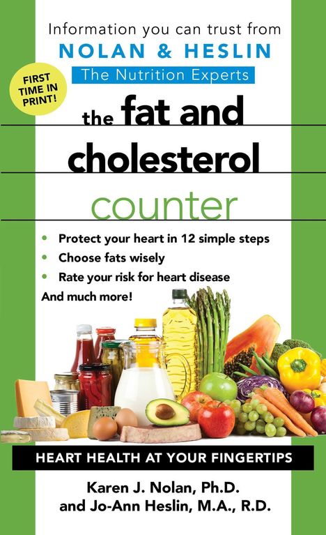 Buchtitel: "The Fat and Cholesterol Counter". Lebensmittel wie Öl, Gemüse, Obst und Eier sind abgebildet.
