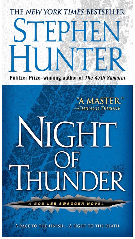 "THE NEW YORK TIMES BESTSELLER", "NIGHT OF THUNDER", blauer Hintergrund, metallischer Balken mit Text.