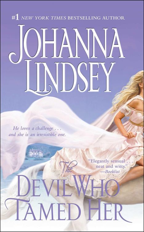 Text: "JOHANNA LINDSEY", "The Devil Who Tamed Her". Eine Frau in einem fließenden Kleid auf einem Pferd, pastellfarbener Hintergrund.