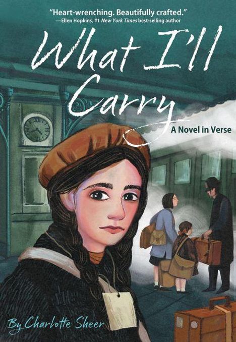 "What I'll Carry: A Novel in Verse" von Charlotte Sheer. Junge mit brauner Mütze in Bahnhofsszene. Illustration.