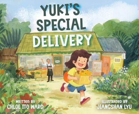„YUKI'S SPECIAL DELIVERY“ steht oben, ein fröhliches Kind eilt mit einer Obstkiste vor einem Laden.