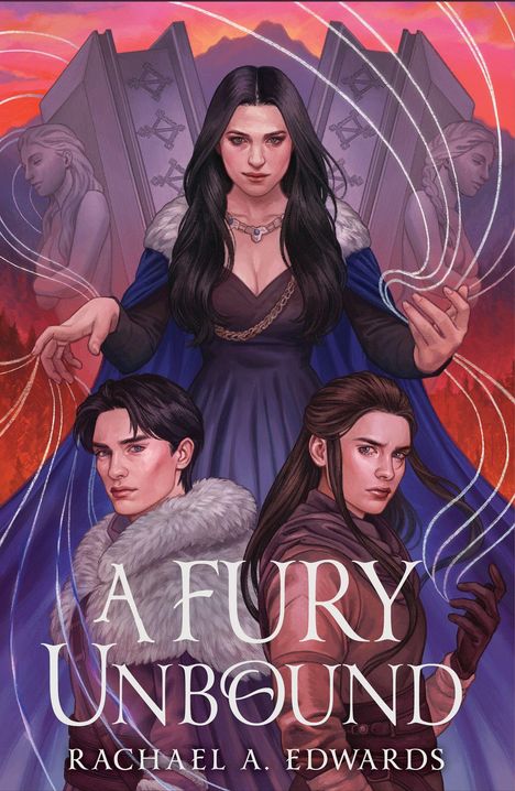 "A FURY UNBOUND" von Rachael A. Edwards; drei Personen, eine Frau in der Mitte mit dunklen Haaren und magischen Effekten.