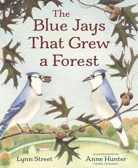 Buchtitel: "The Blue Jays That Grew a Forest". Zwei Blauhäher mit Eicheln auf Zweigen, unten Hügel und Häuser.
