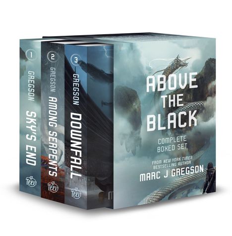 "Above the Black: Complete Boxed Set" von Marc J. Gregson enthält drei Bücher mit fantastischen Illustrationen.
