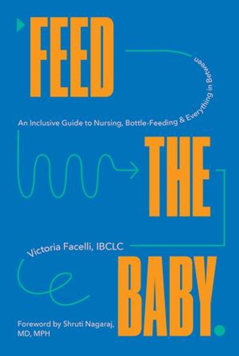 "FEED THE BABY" in großen, orangefarbenen Buchstaben. Darunter: Anleitung zum Stillen und Füttern. Blaues Layout.