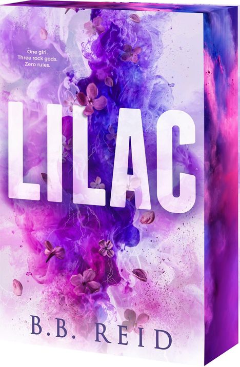 „One girl. Three rock gods. Zero rules.“ steht über „LILAC“. Der Hintergrund zeigt lila und rosa Rauchwolken mit Blüten.