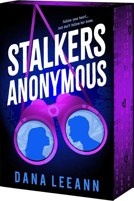 "STALKERS ANONYMOUS" von Dana Leeann, darunter ein lila Fernglas mit blauen Silhouetten, orange Schattierungen.