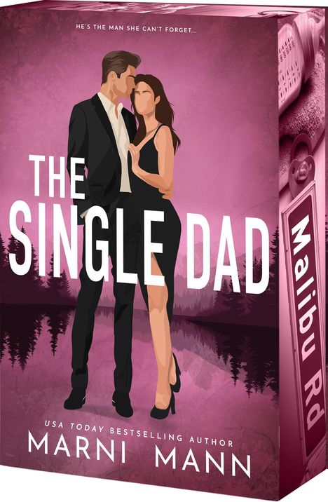 „The Single Dad“ von Marni Mann. Ein Paar in schicker Kleidung auf rosa Hintergrund mit Bäumen.