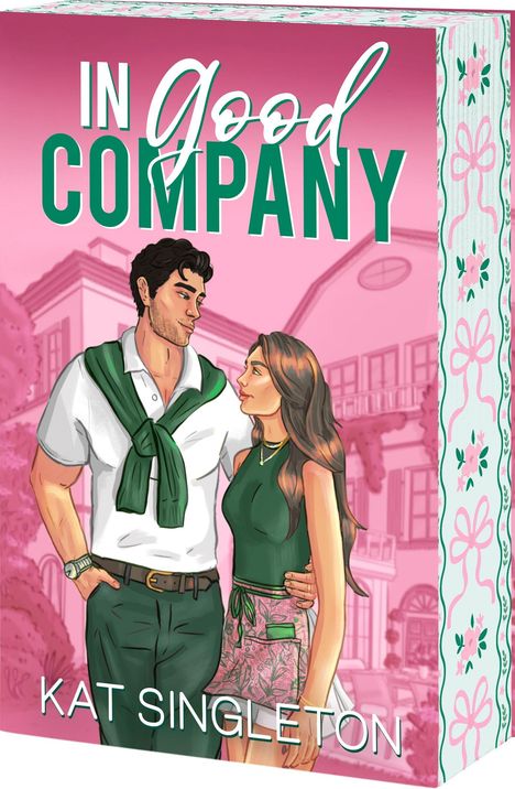 Buchtitel "In Good Company" von Kat Singleton. Illustration eines lächelnden Paares vor einem rosa Gebäude.