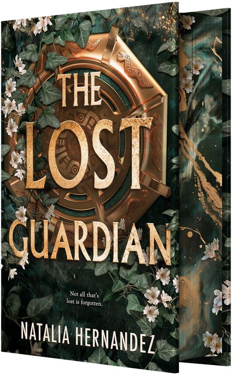 „THE LOST GUARDIAN“ und „Not all that’s lost is forgotten.“ Text vor einem bronzefarbenen Kompass, umgeben von Blättern und Blüten.