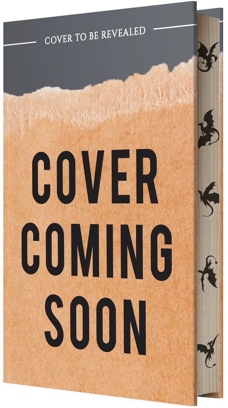 „COVER COMING SOON“ auf braunem Hintergrund, seitlich Drachenillustrationen auf den Seiten.