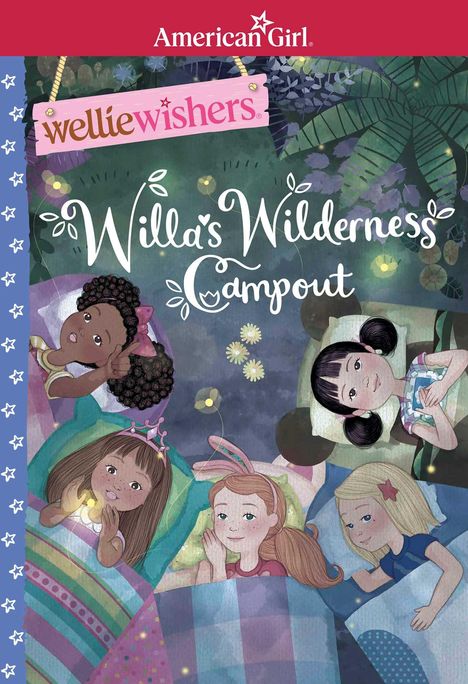 "Willa's Wilderness Campout" in verspielter Schrift. Illustration von fünf Kindern beim Zelten, umgeben von Pflanzen und Glühwürmchen.