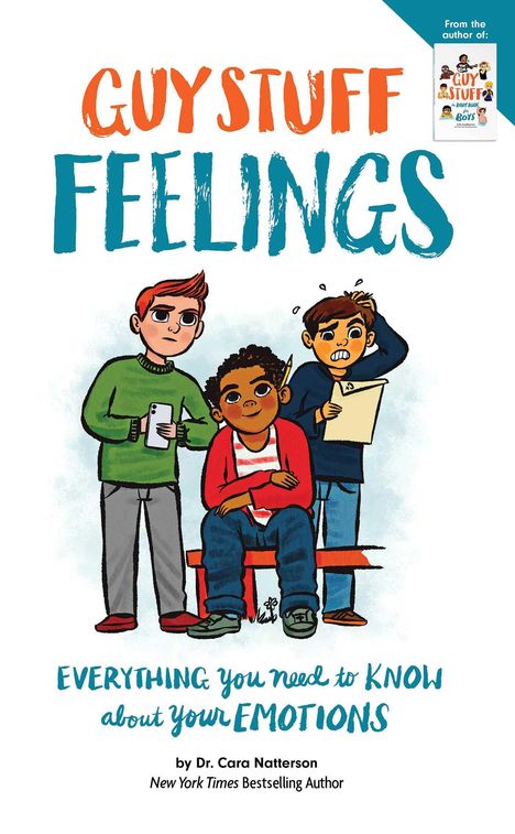 "GUY STUFF FEELINGS" steht groß oben. Darunter drei Jungen mit verschiedenen Emotionen: nachdenklich, gelassen und verwirrt.