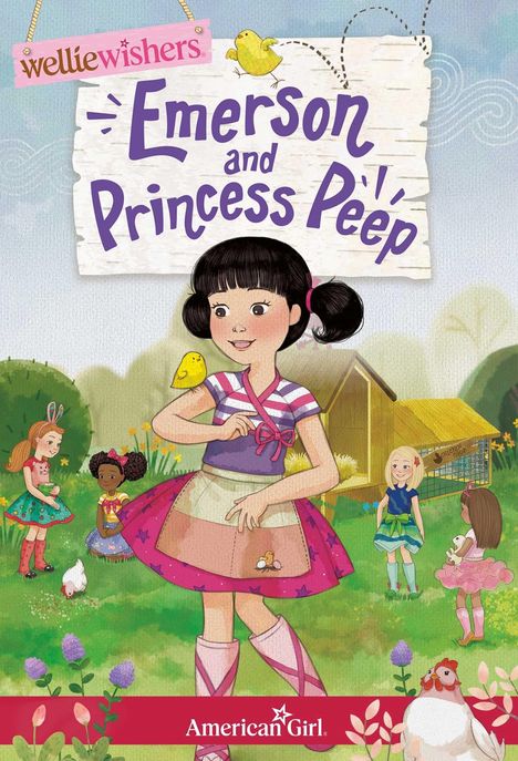„Emerson and Princess Peep“ in lila Schrift. Ein gelbes Küken, fröhliche Kinder in farbenfrohen Kleidern im Garten.